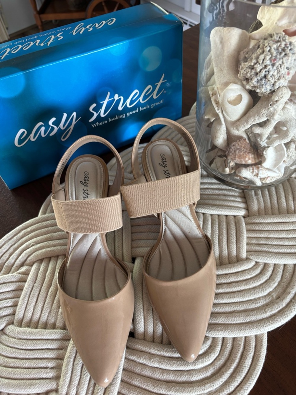 easy street Nude Patent Pointed-Toe Block Heel Slingback - Picture 2 of 4